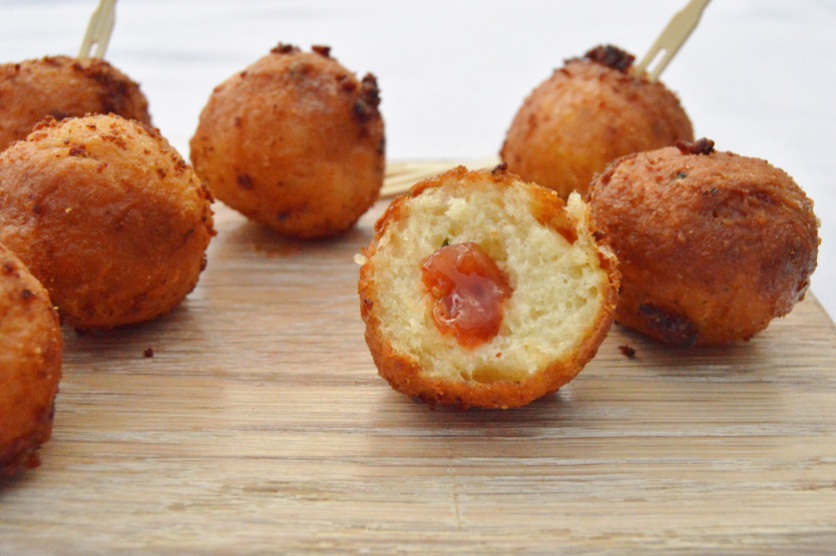 savoury doughnuts with a red pepper chutney filling