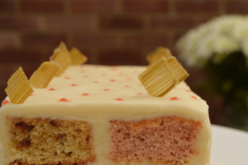 Rhubarb & ginger Battenberg cake