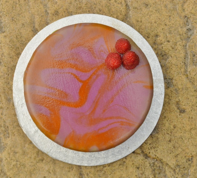 blood orange and raspberry cake with mirror glaze