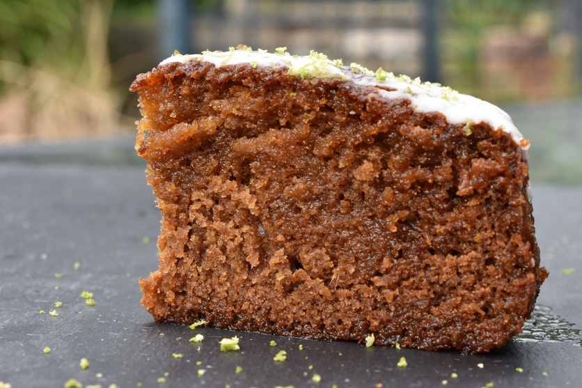 sticky ginger & lime cake, topped with a ginger-lime icing